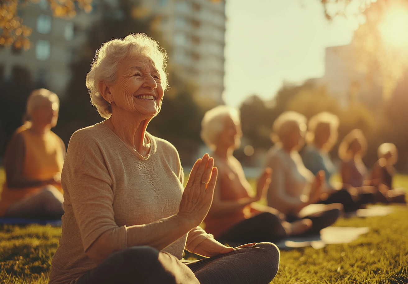 Жінка середнього віку практикує дихальні вправи